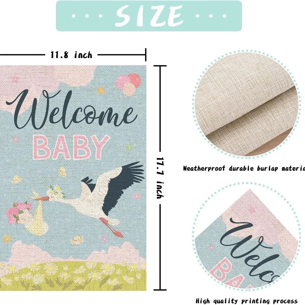Welcome Baby Stork Garden Flag Double Sided Burlap Outdoor Yard Flag 12x18”